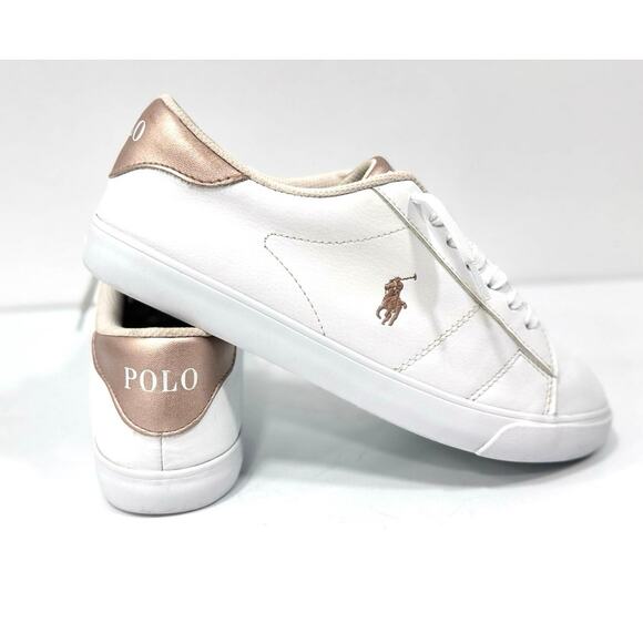 Polo Ralph Lauren White & Rose Gold Sneakers Athletic Shoes Junior 7 - Picture 1 of 12